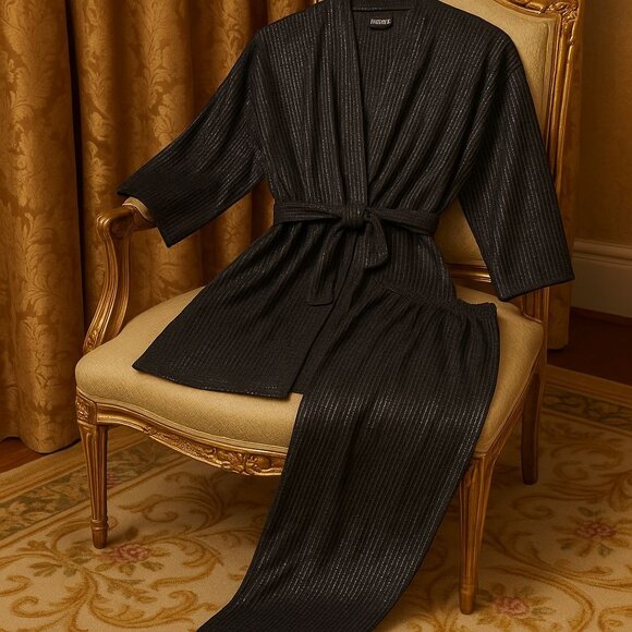 Vintage 90s Frederick’s of Hollywood Black Shimmer Lounge Set Robe Pants USA OS - Picture 3 of 12